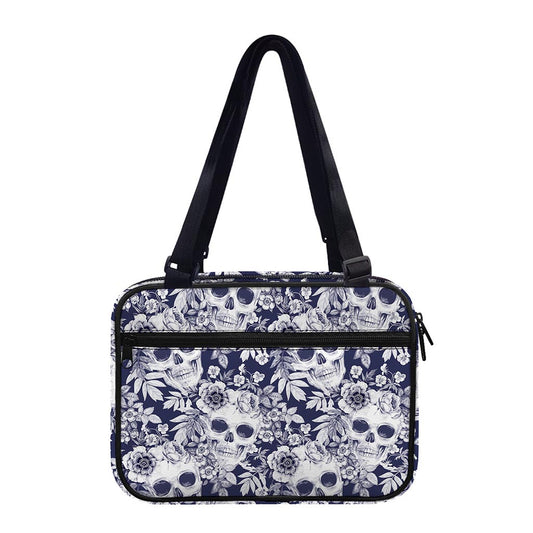 White Blue Skull Floral Pattern Print Double Strap Bible Bag
