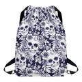 White Blue Skull Floral Pattern Print Drawstring Backpack