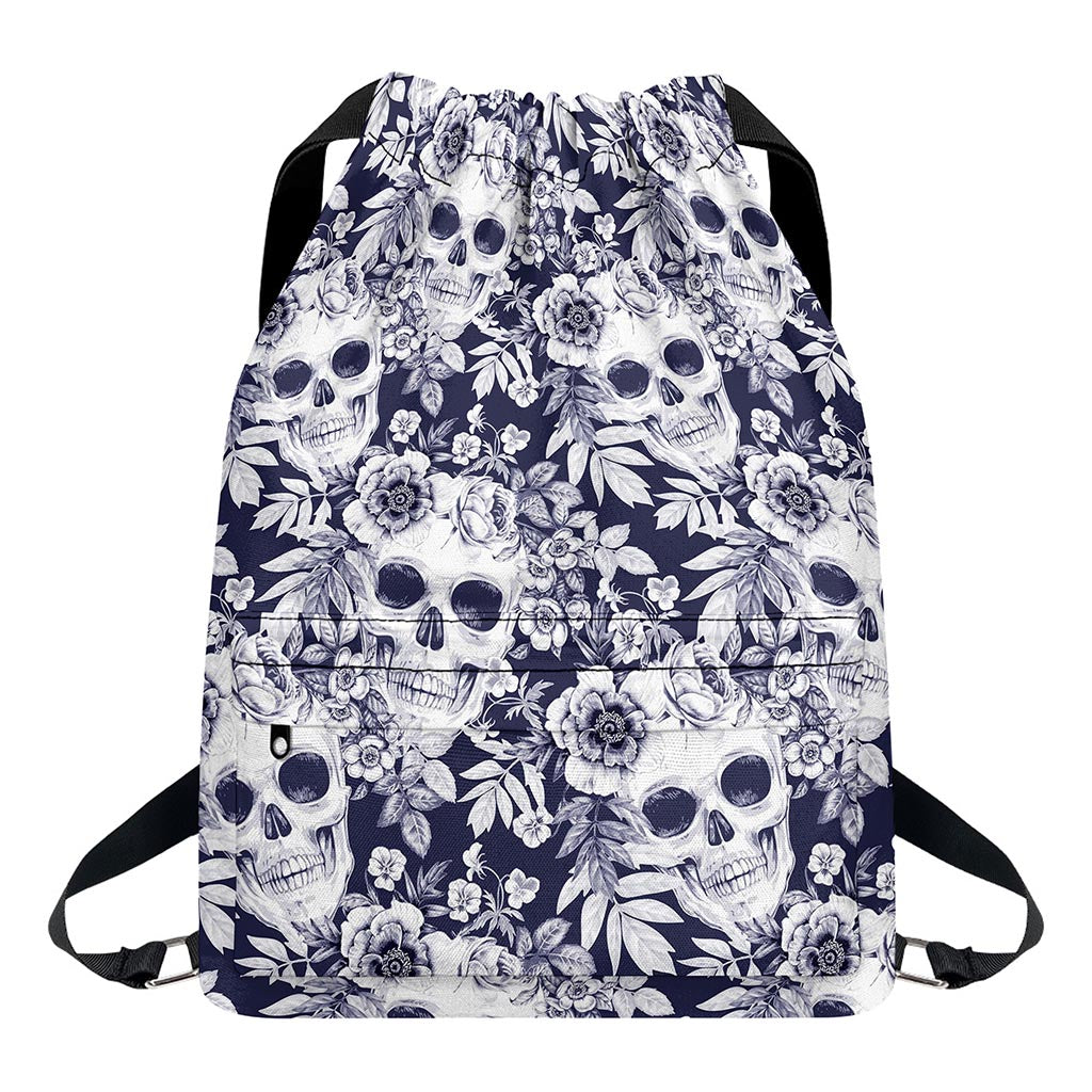 White Blue Skull Floral Pattern Print Drawstring Backpack
