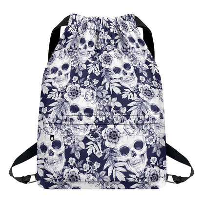 White Blue Skull Floral Pattern Print Drawstring Backpack