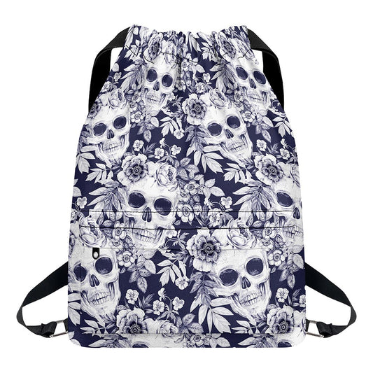 White Blue Skull Floral Pattern Print Drawstring Backpack