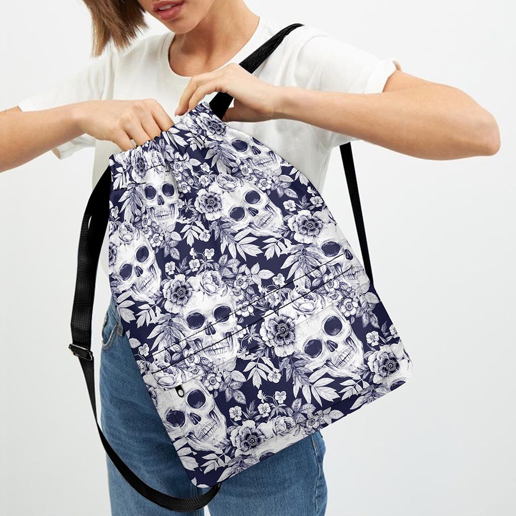 White Blue Skull Floral Pattern Print Drawstring Backpack