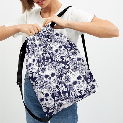 White Blue Skull Floral Pattern Print Drawstring Backpack