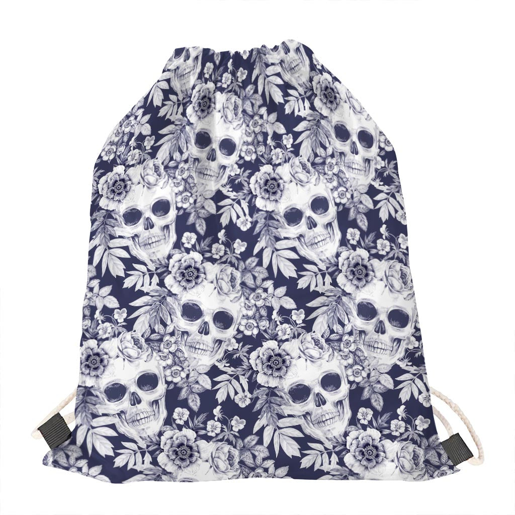 White Blue Skull Floral Pattern Print Drawstring Bag