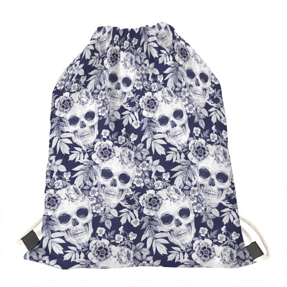 White Blue Skull Floral Pattern Print Drawstring Bag
