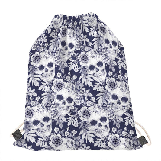 White Blue Skull Floral Pattern Print Drawstring Bag