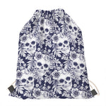White Blue Skull Floral Pattern Print Drawstring Bag