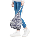 White Blue Skull Floral Pattern Print Drawstring Bag