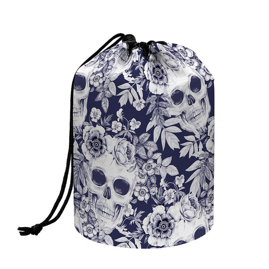 White Blue Skull Floral Pattern Print Drawstring Makeup Bag