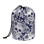 White Blue Skull Floral Pattern Print Drawstring Makeup Bag