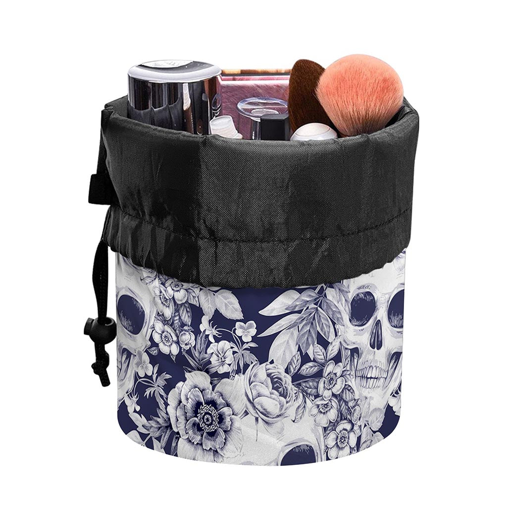 White Blue Skull Floral Pattern Print Drawstring Makeup Bag