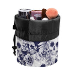 White Blue Skull Floral Pattern Print Drawstring Makeup Bag