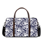 White Blue Skull Floral Pattern Print Duffle Bag