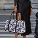 White Blue Skull Floral Pattern Print Duffle Bag
