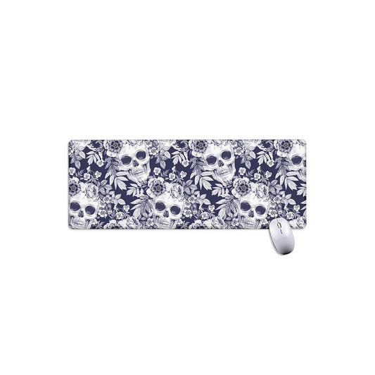 White Blue Skull Floral Pattern Print Extended Mouse Pad