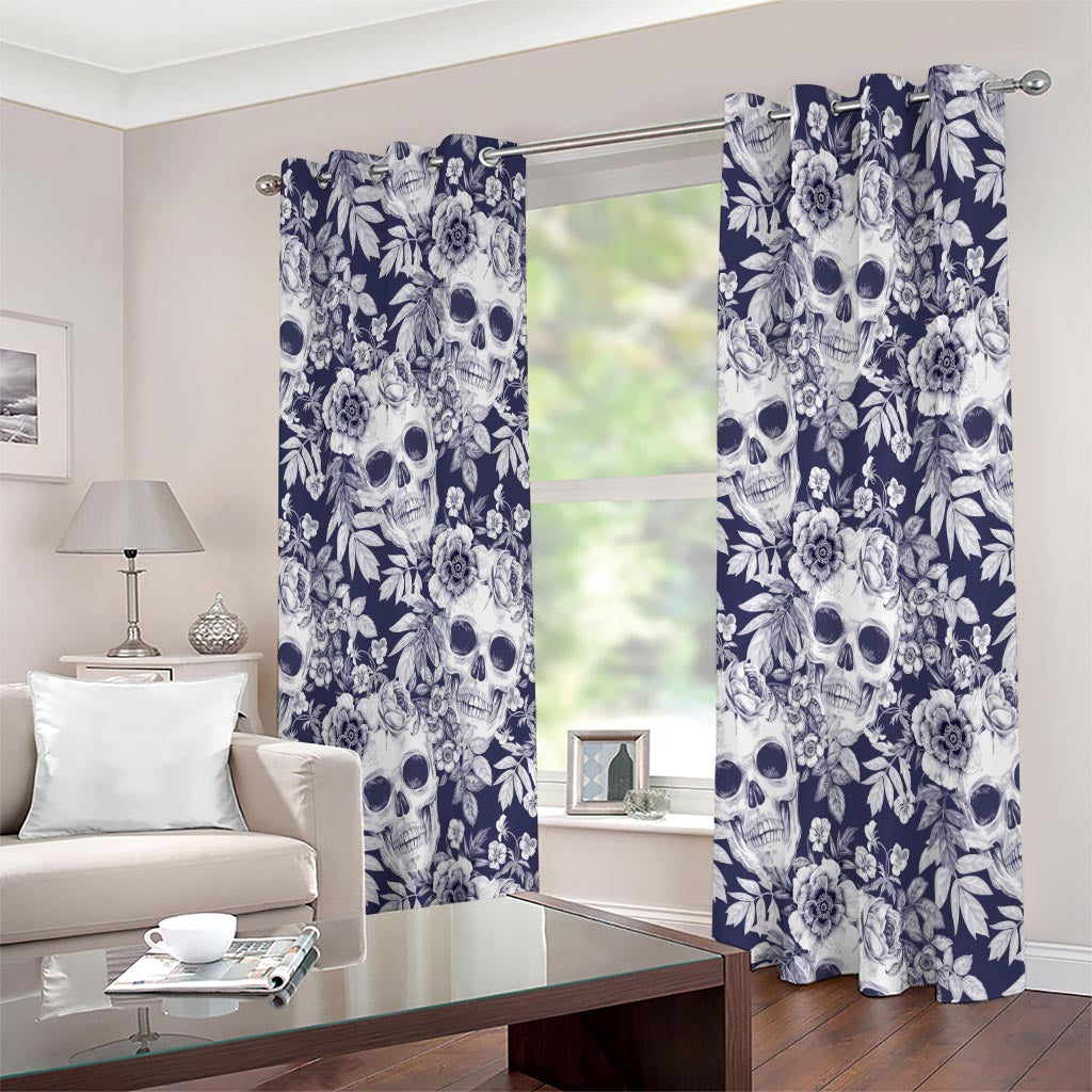 White Blue Skull Floral Pattern Print Extra Wide Grommet Curtains