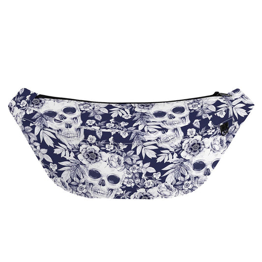 White Blue Skull Floral Pattern Print Fanny Pack
