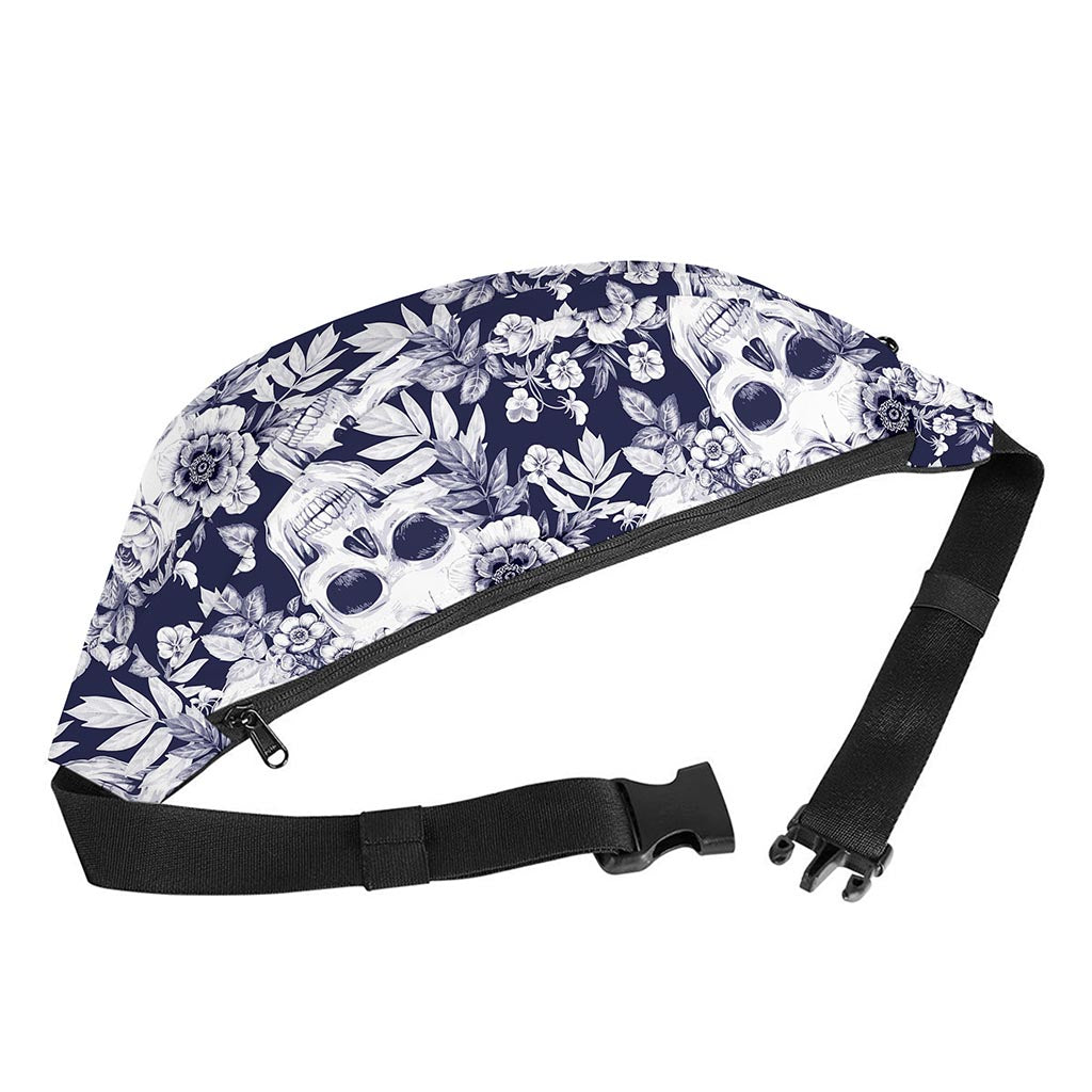 White Blue Skull Floral Pattern Print Fanny Pack
