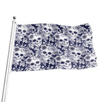 White Blue Skull Floral Pattern Print Flag