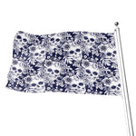 White Blue Skull Floral Pattern Print Flag