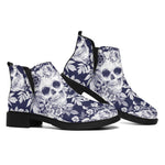 White Blue Skull Floral Pattern Print Flat Ankle Boots