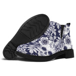 White Blue Skull Floral Pattern Print Flat Ankle Boots
