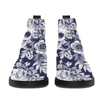 White Blue Skull Floral Pattern Print Flat Ankle Boots