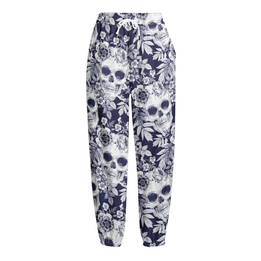 White Blue Skull Floral Pattern Print Fleece Lined Knit Pants