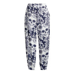 White Blue Skull Floral Pattern Print Fleece Lined Knit Pants