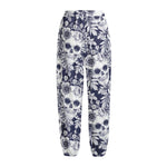 White Blue Skull Floral Pattern Print Fleece Lined Knit Pants