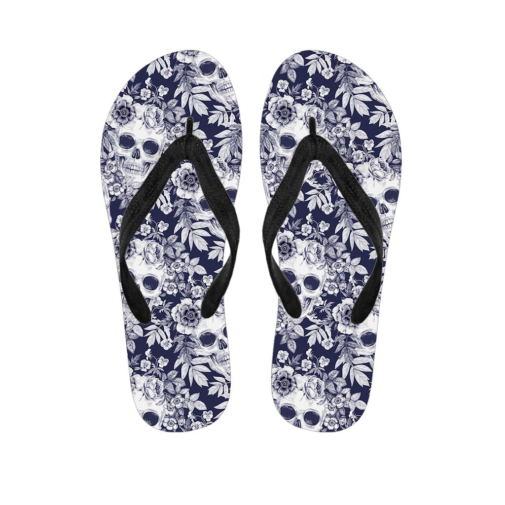 White Blue Skull Floral Pattern Print Flip Flops