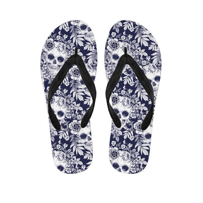 White Blue Skull Floral Pattern Print Flip Flops
