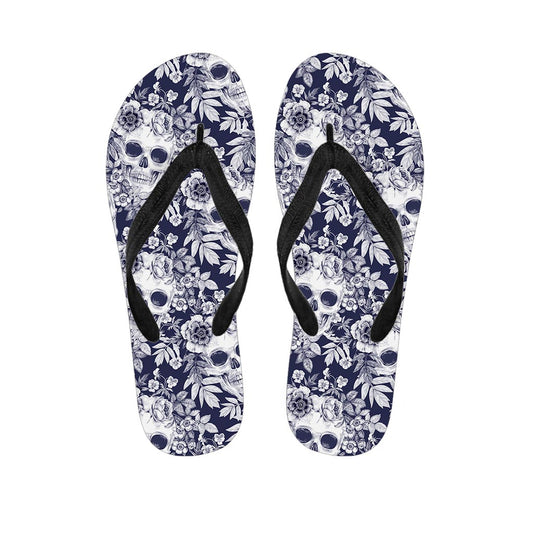 White Blue Skull Floral Pattern Print Flip Flops