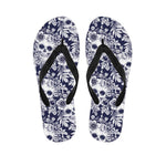White Blue Skull Floral Pattern Print Flip Flops
