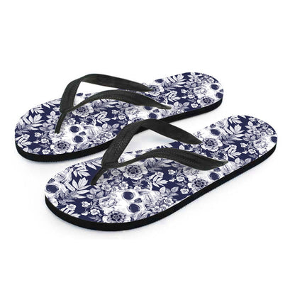 White Blue Skull Floral Pattern Print Flip Flops