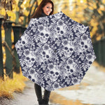 White Blue Skull Floral Pattern Print Foldable Umbrella