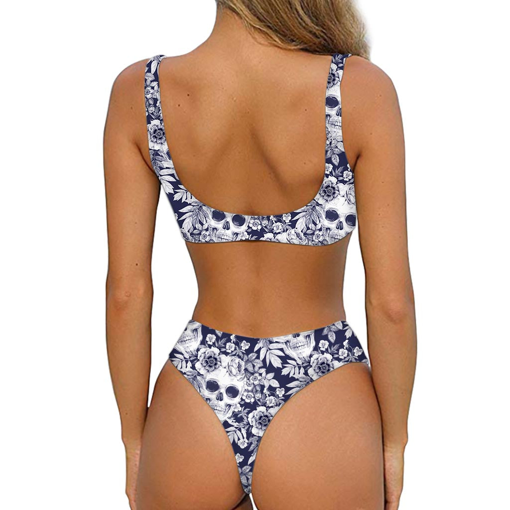 White Blue Skull Floral Pattern Print Front Bow Tie Bikini