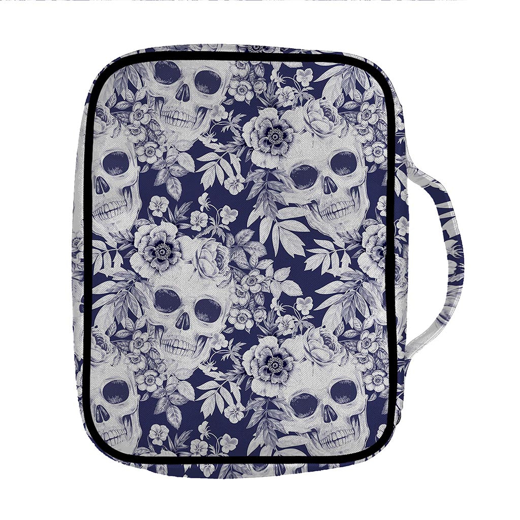 White Blue Skull Floral Pattern Print Front Pocket Bible Bag