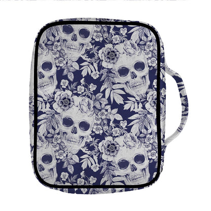 White Blue Skull Floral Pattern Print Front Pocket Bible Bag