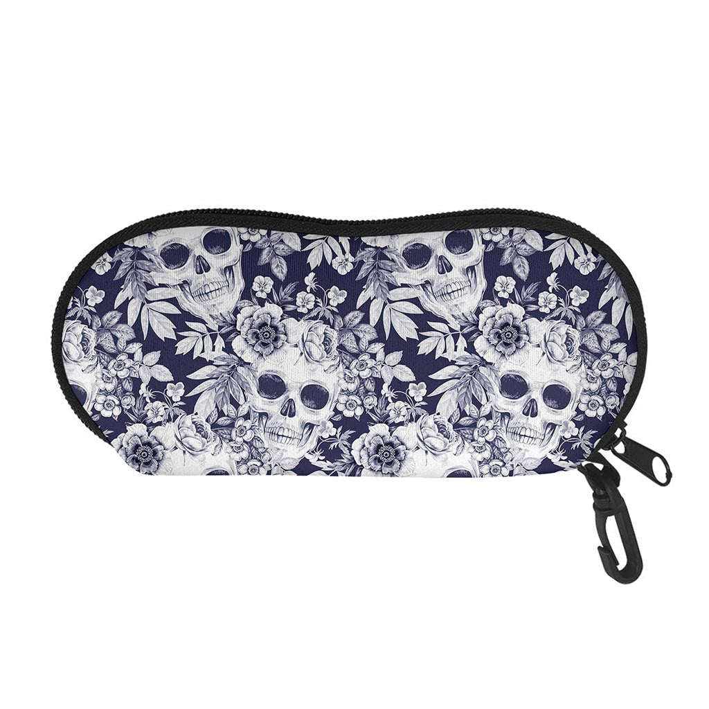 White Blue Skull Floral Pattern Print Glasses Case