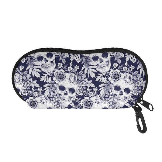 White Blue Skull Floral Pattern Print Glasses Case