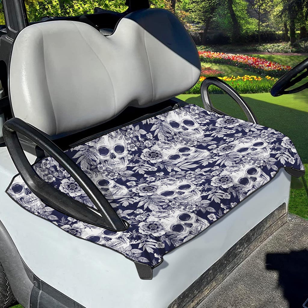 White Blue Skull Floral Pattern Print Golf Cart Seat Cover
