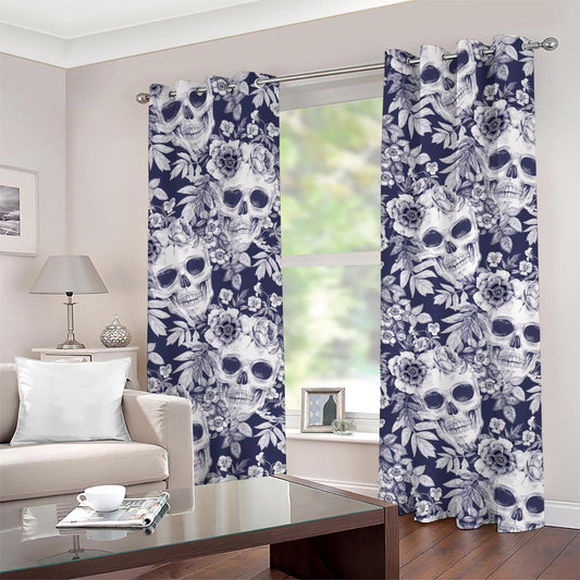 White Blue Skull Floral Pattern Print Grommet Curtains