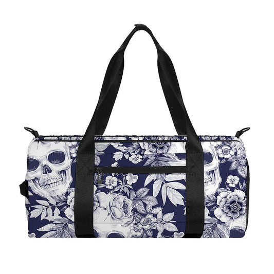 White Blue Skull Floral Pattern Print Gym Bag