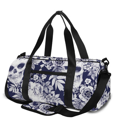 White Blue Skull Floral Pattern Print Gym Bag