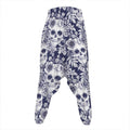 White Blue Skull Floral Pattern Print Hammer Pants