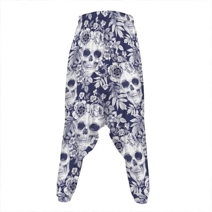 White Blue Skull Floral Pattern Print Hammer Pants