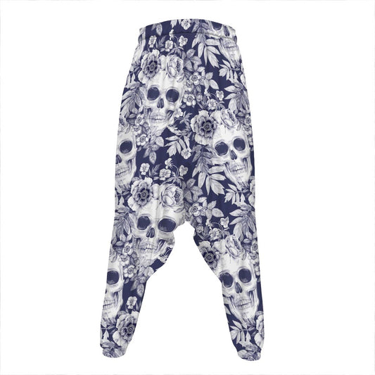 White Blue Skull Floral Pattern Print Hammer Pants