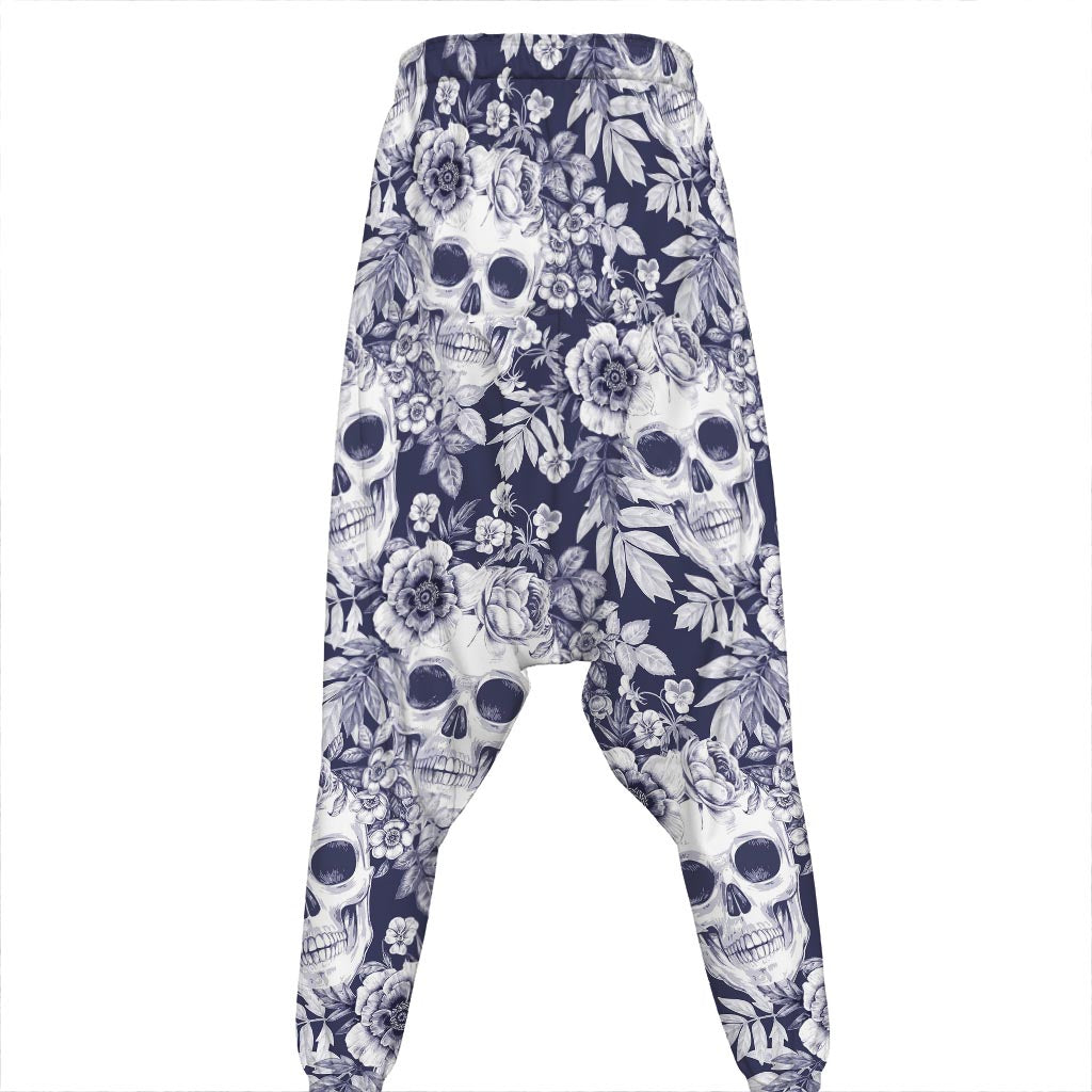 White Blue Skull Floral Pattern Print Hammer Pants