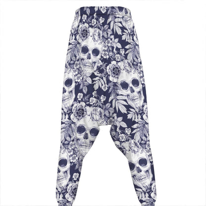 White Blue Skull Floral Pattern Print Hammer Pants